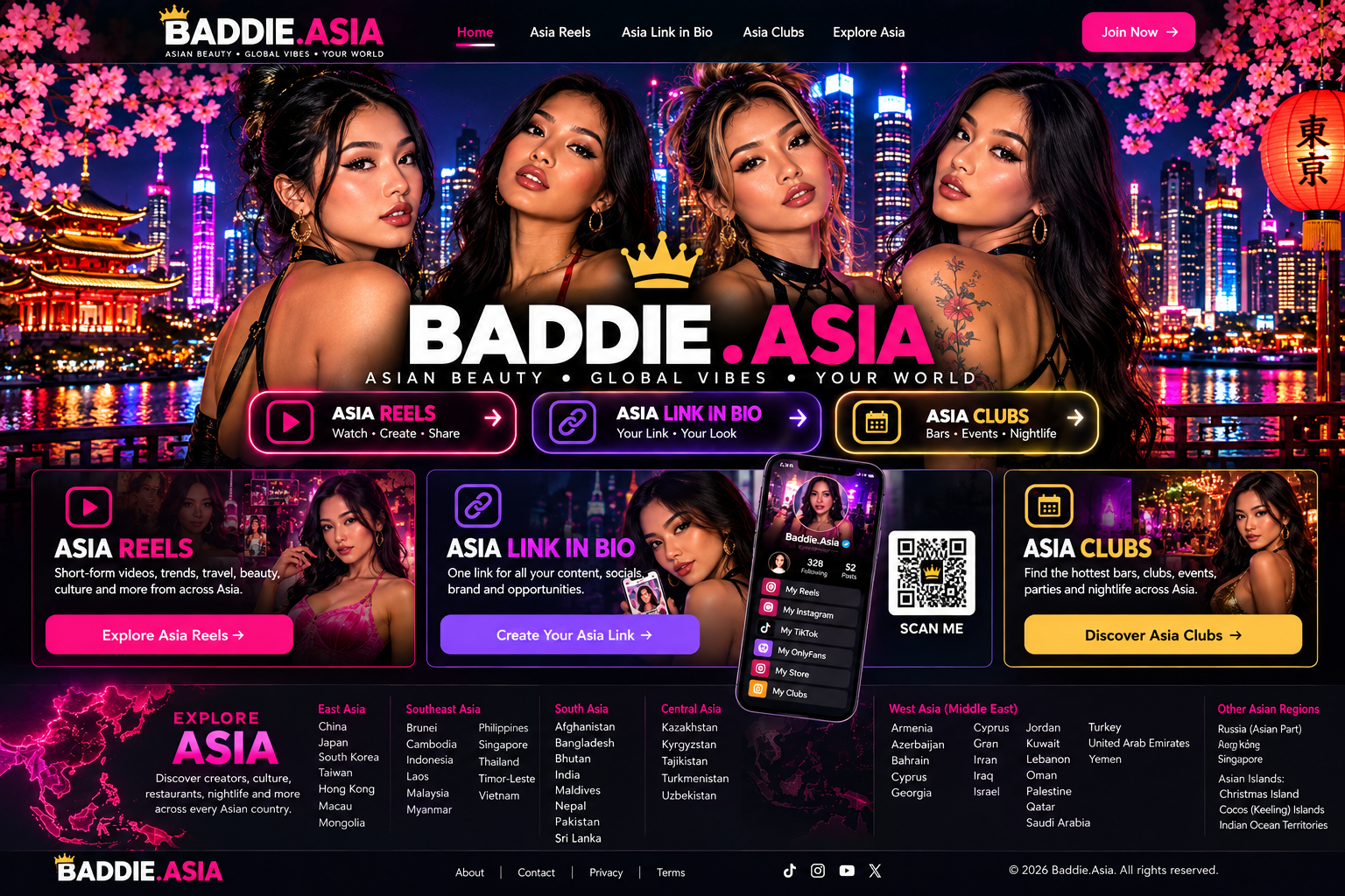 Baddie.Asia original homepage artwork with Asia Reels, Link in Bio, Asia Clubs, creator profile phone and Asian country directory